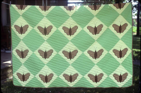 Butterfly Quilt. It is green and light green and has brown butterflies and brown edging.